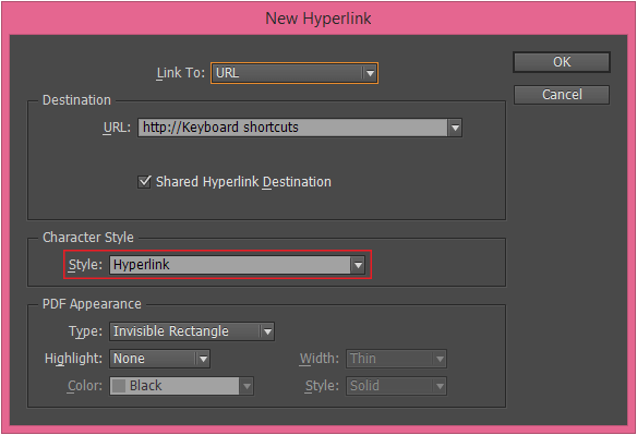 New Hyperlink dialog box