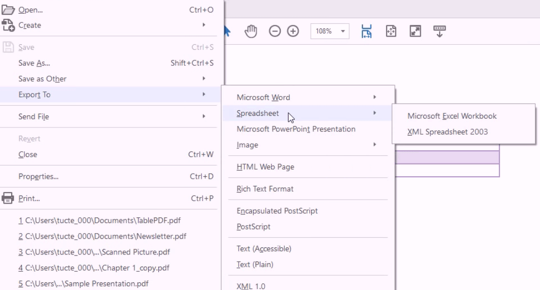 export PDF to Microsoft Excel Workbook