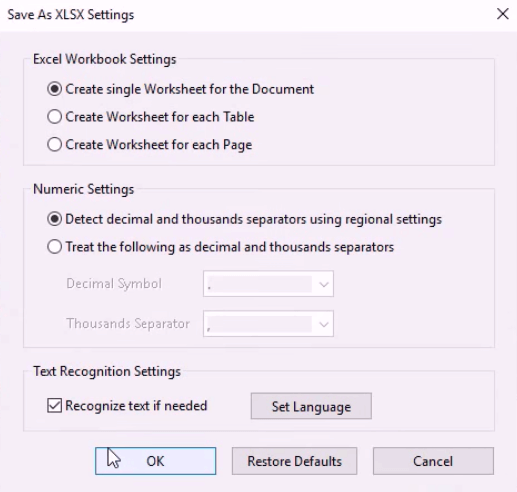 Save As XLSX Settings window