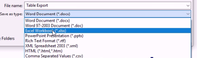 select Excel as export format