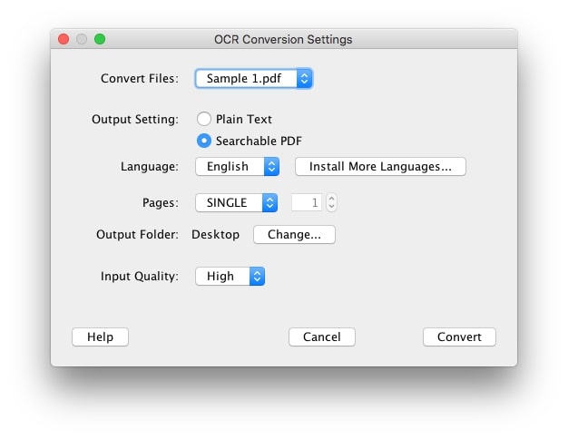 OCR Conversion Settings window